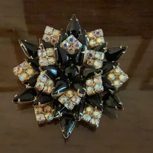 Vintage Black and Gold Starburst Brooch with Crystals